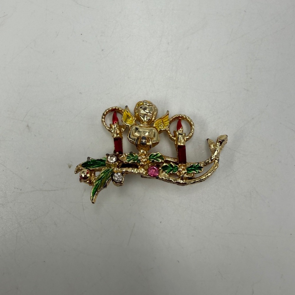 Vintage Christmas Cherub Angel Brooch Enamel Rhinestone Holiday Candle Pin Gold